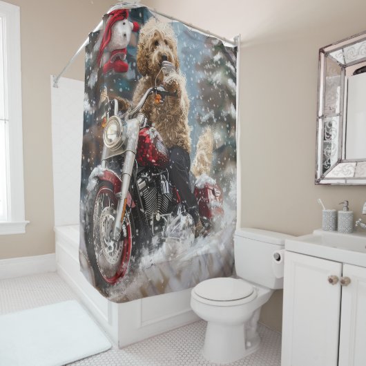Goldendoodle Hond Rijden Motorfiets Kerstmis Douchegordijn (In situ)