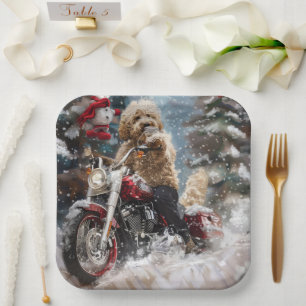 Goldendoodle Hond Rijden Motorfiets Kerstmis Papieren Bordje