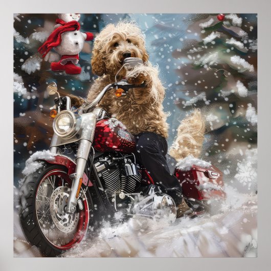 Goldendoodle Hond Rijden Motorfiets Kerstmis Poster (Voorkant)