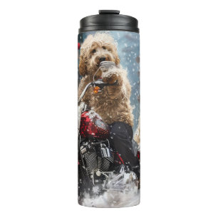 Goldendoodle Hond Rijden Motorfiets Kerstmis Thermosbeker