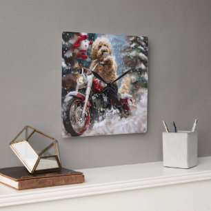 Goldendoodle Hond Rijden Motorfiets Kerstmis Vierkante Klok