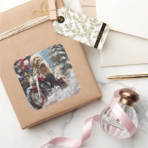 Goldendoodle Hond Rijden Motorfiets Kerstmis Vierkante Sticker