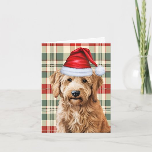 Goldendoodle Hond Rood Groen Geplaagd Kerstmis Feestdagen Kaart (Voorkant)