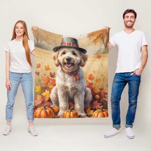 Goldendoodle in de herfst laat Thanksgiving kunst Fleece Deken (In situ)