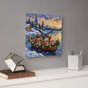 Goldendoodle Kerstboot Vakantie Vierkante Klok