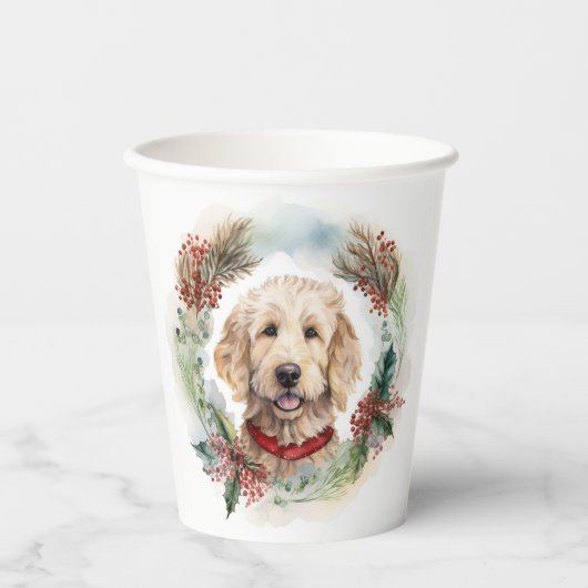 Goldendoodle Kerstkrans Feestelijke Pup Papieren Bekers (Voorkant)