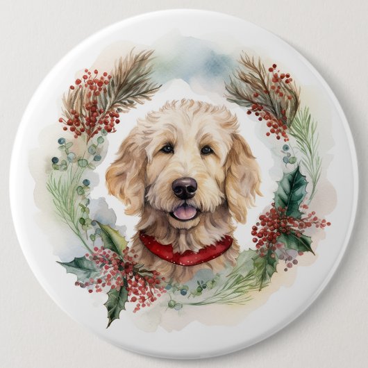Goldendoodle Kerstkrans Feestelijke Pup Ronde Button 6,0 Cm (Voorkant)