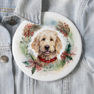Goldendoodle Kerstkrans Feestelijke Pup Ronde Button 6,0 Cm
