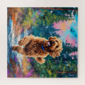Goldendoodle loopt in het bos legpuzzel (Horizontaal)