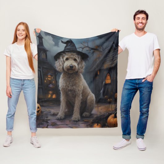 Goldendoodle pompoenen Halloween eng Fleece Deken (In situ)