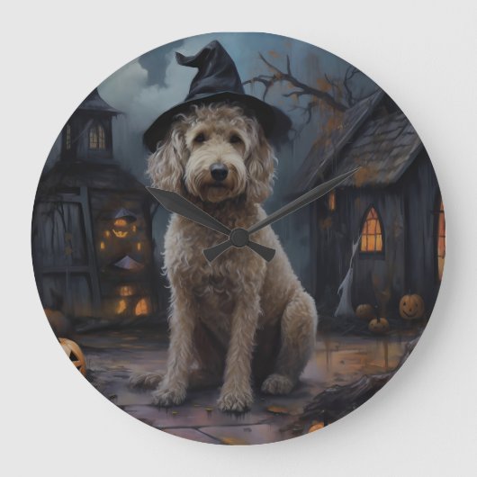 Goldendoodle pompoenen Halloween eng Grote Klok (Voorkant)