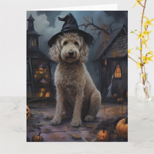 Goldendoodle pompoenen Halloween eng Kaart (Gele Bloem)