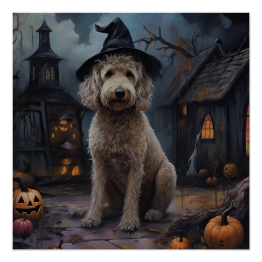 Goldendoodle Pompoenen Halloween Griezelen Perfect Poster (Voorkant)