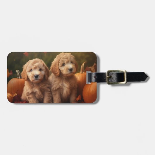 Goldendoodle Puppy Herfst Delight Pompoen Bagagelabel (Voorkant horizontaal)