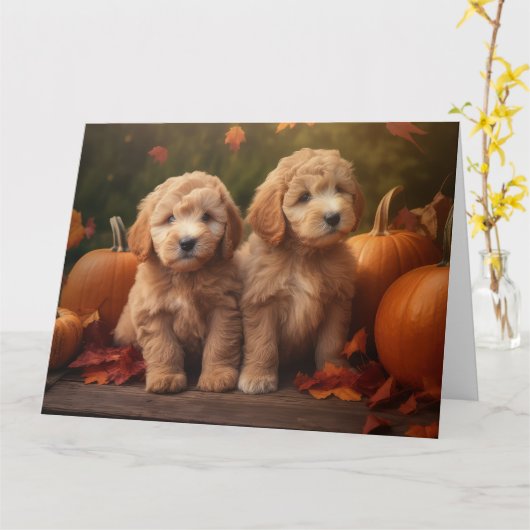 Goldendoodle Puppy Herfst Delight Pompoen Kaart (Gele Bloem)
