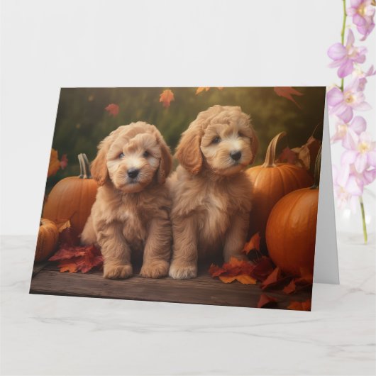 Goldendoodle Puppy Herfstpracht Pompoen Kaart (Orchidee)