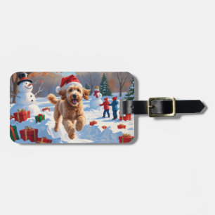 Goldendoodle Rent in Sneeuw met Kerstmuts Bagagelabel