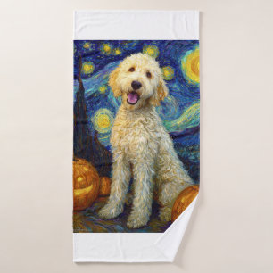 Goldendoodle Schattige Hond Halloween Jack O Lante Badhanddoek