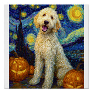 Goldendoodle Schattige Hond Halloween Jack O Lante Perfect Poster