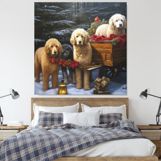 Goldendoodle Snowy Sleigh Kerst Decor Canvas Afdruk (Insitu (Slaapkamer))