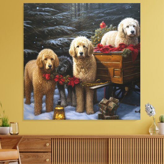 Goldendoodle Snowy Sleigh Kerst Decor Canvas Afdruk (Insitu (Woonkamer))