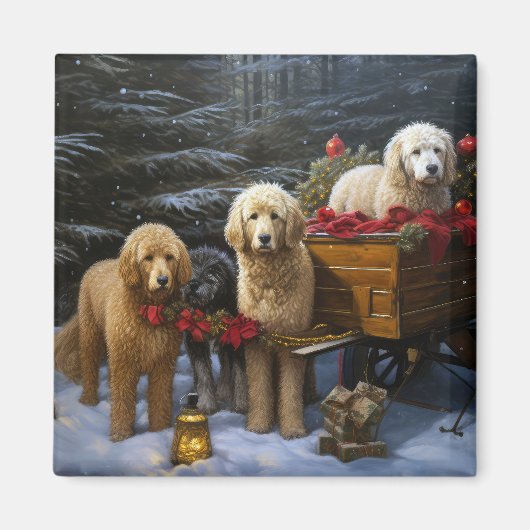 Goldendoodle Snowy Sleigh Kerst Decor Magneet (Voorkant)