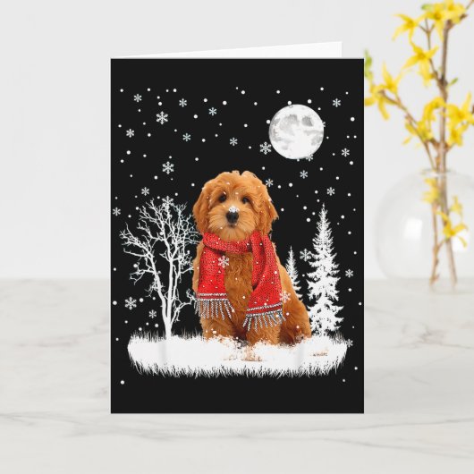 Goldendoodle Under Moonlight Snow Christmas Pajama Kaart (Gele Bloem)