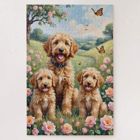 Goldendoodle Wilde Rozenweide Kunst Legpuzzel (Verticaal)