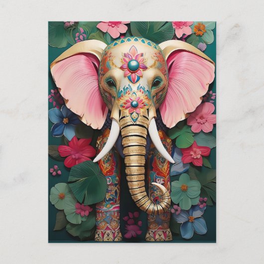 goldener Elefant mit bunten Blumen Briefkaart (Voorkant)