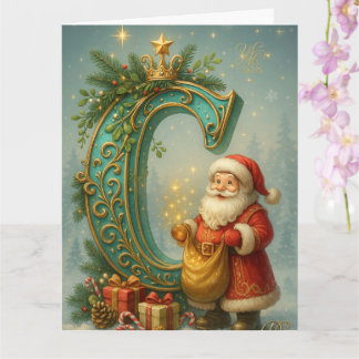 Goldenes Initial C mit Weihnachtsmann und Krone Kaart