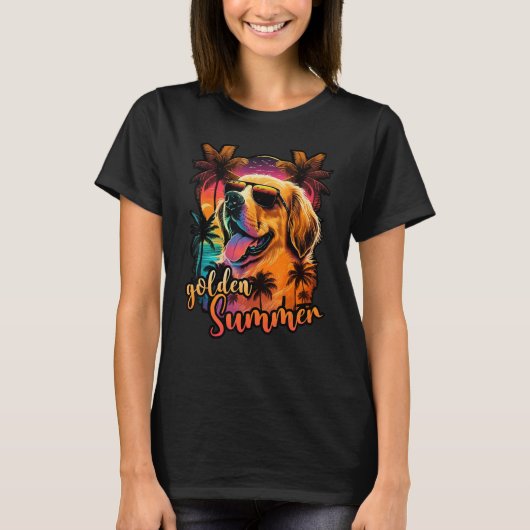 Goldenretriever Sunset with Palmtrees golden Summe T-shirt (Voorkant)