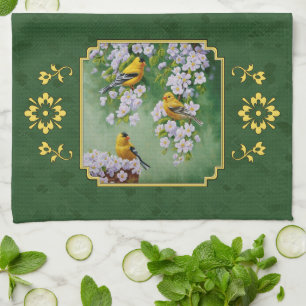 Goldfinch Birds and Flowers Green Theedoek