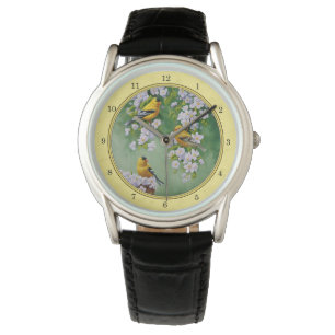 Goldfinch Birds & Apple Blossom Yellow Horloge