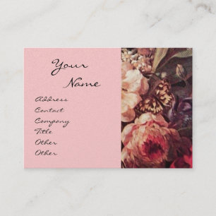 GOLDFINCH, PINK ROSES, BUTTERFLY Floral Pearl Visitekaartje