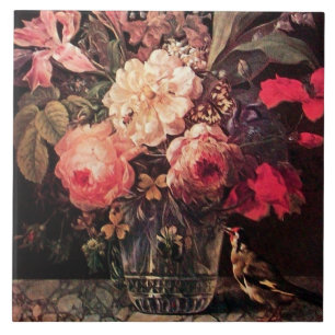 GOLDFINCH, PINK ROSES EN BUTTERFLES TEGELTJE