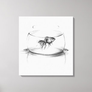 Goldfish in bowl en water Potlood tekenkunst Canvas Afdruk