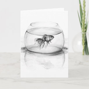 Goldfish in bowl en water Potlood tekenkunst Kaart