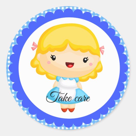 Goldilocks op blauwe en witte gingham ronde sticker (Voorkant)