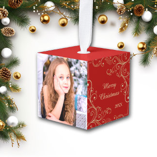 Goldl Swirl op Red Photo Template Ornament