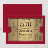 Goldven Ticket Style 75th Birthday Party Invite Kaart (Voorkant / Achterkant)