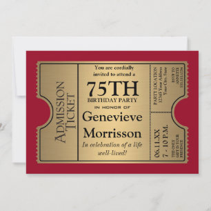 Goldven Ticket Style 75th Birthday Party Invite Kaart