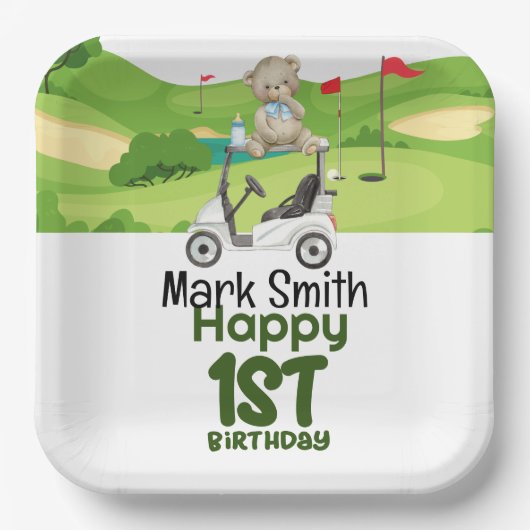 Golf 1e verjaardag een jaar oude golfer met winkel papieren bordje (Voorkant)