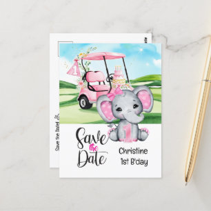 Golf 1e verjaardag olifant en Roze golfkarretje Briefkaart
