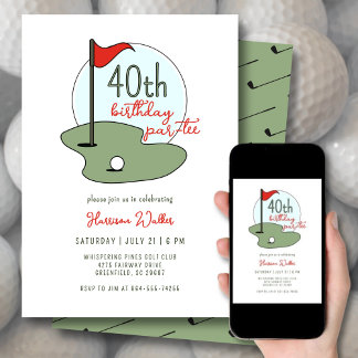 Golf 40th Birthday Party Hand Drawn Modern Green Kaart