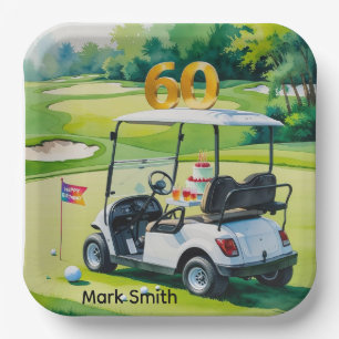 Golf 60e verjaardag met golfkar op putting green papieren bordje