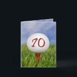 Golf 70th Birthday Party Invitation<br><div class="desc">Boule d'or blanche sur tee-shirt rouge dans l'herbe pour la fête de 70e anniversaire.</div>