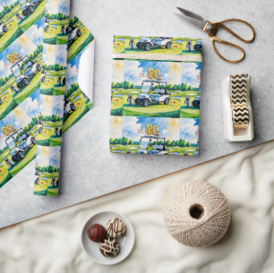 Golf 80e verjaardag met golfkar op groen cadeaupapier