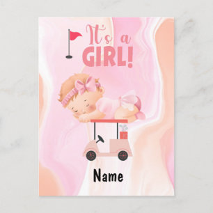 Golf Baby Girl op Golfkarretje met golftas Roze Briefkaart