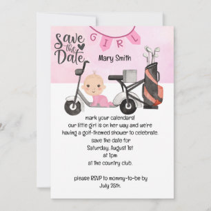 Golf Baby Meisje Baby shower op roze sparen de dat Kaart