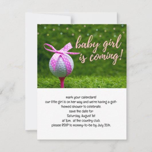 Golf baby meisje komt met bal roze lint inv kaart (Voorkant)